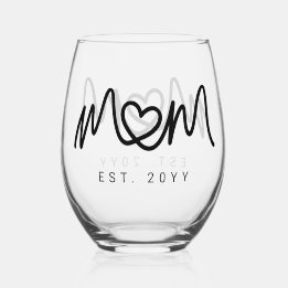 Simple Black Script Heart Mother Mom Established Stemless Wine Glass