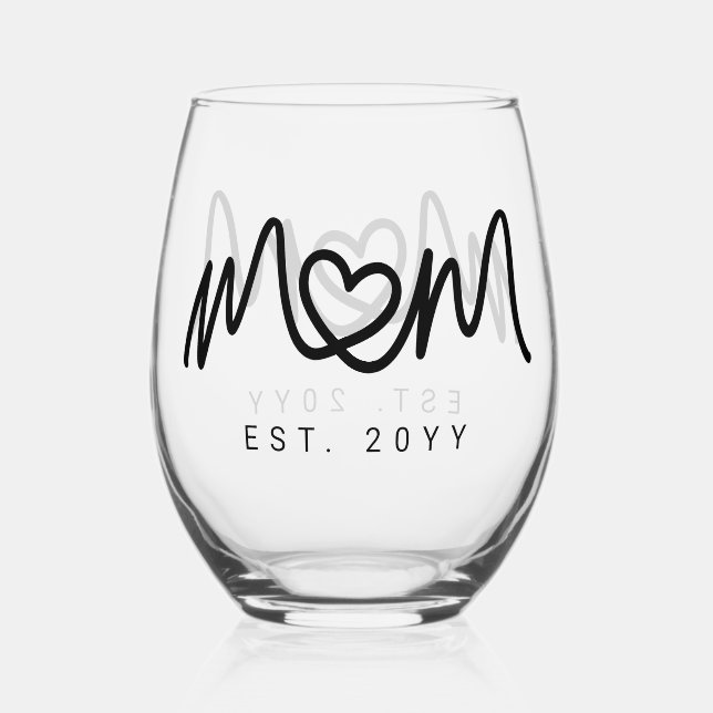Simple Black Script Heart Mother Mom Established Stemless Wine Glass (Front)