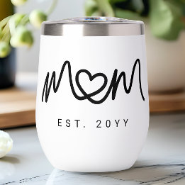 Simple Black Script Heart Mother Mom Established Thermal Wine Tumbler