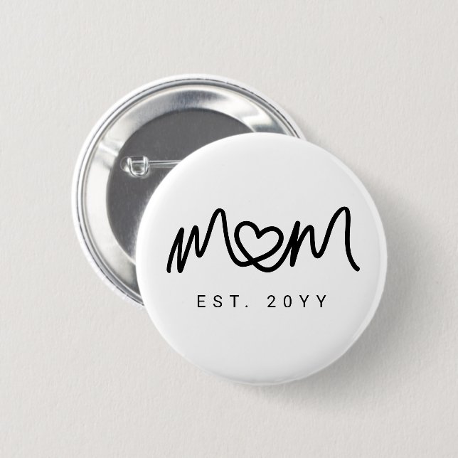 Simple Black Script Heart New Mom Established Button (Front & Back)