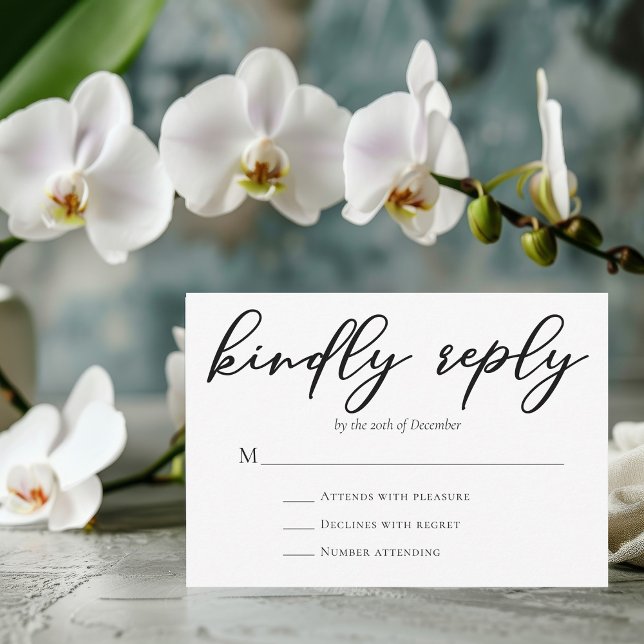Simple Black Script Kindly Reply Modern Wedding RSVP Card (Creator Uploaded)