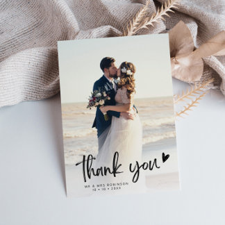 simple black script newlyweds wedding photo thank you card