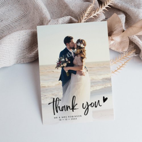 simple black script newlyweds wedding photo thank you card