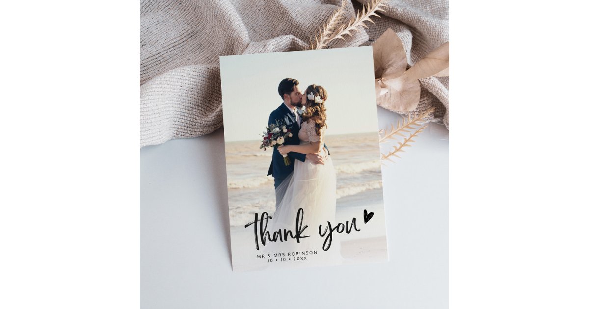 simple black script newlyweds wedding photo thank you card | Zazzle
