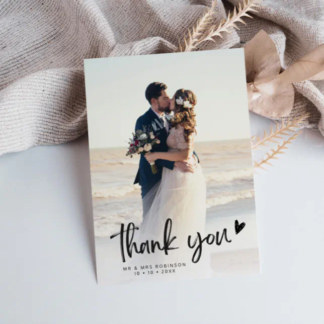 simple black script newlyweds wedding photo thank you card | Zazzle