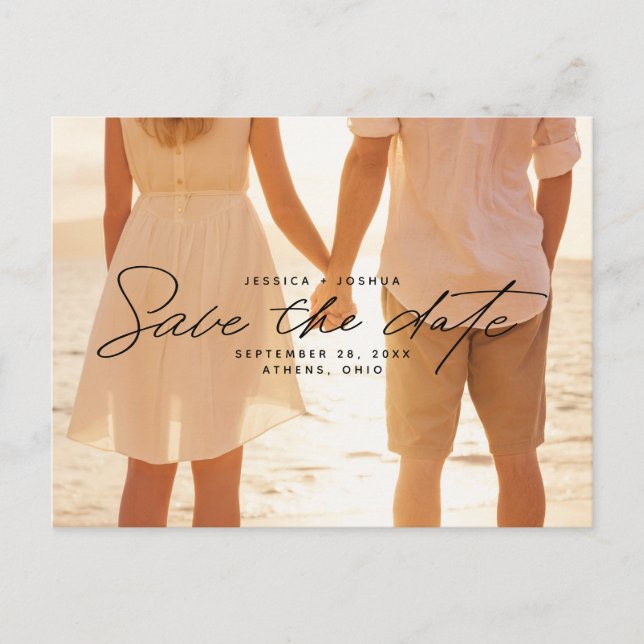 Simple Black Script Overlay Photo Save the Date Postcard (Front)