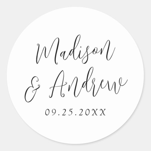Simple Black Script Personalized Wedding Classic Round Sticker