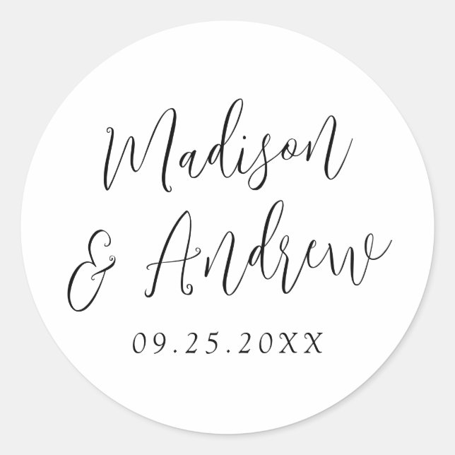 Simple Black Script Personalized Wedding Classic Round Sticker (Front)