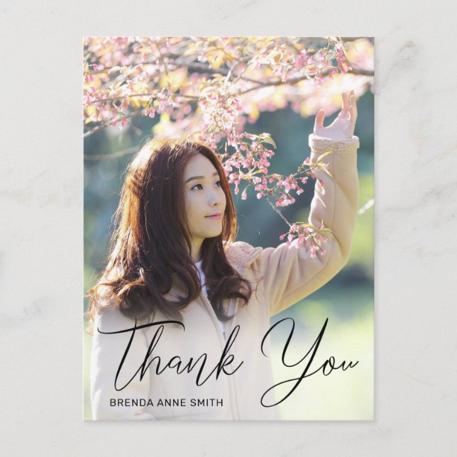Simple Black Script Photo Graduation Thank You Postcard (Front)