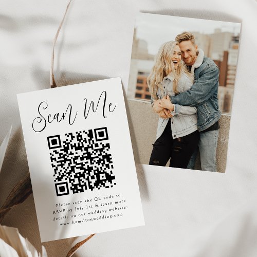 Simple Black Script Photo QR Code Wedding RSVP Enclosure Card