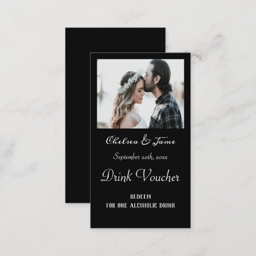 Simple Black Script Photo Wedding Drink Ticket 