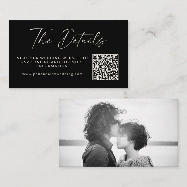 Simple Black Script Photo Wedding QR Code Details Enclosure Card (Front/Back)