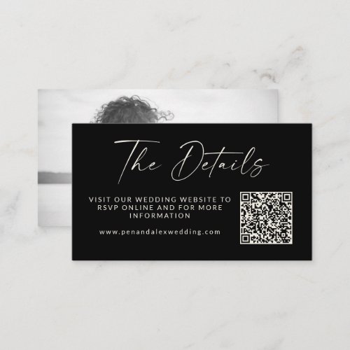 Simple Black Script Photo Wedding QR Code Details Enclosure Card
