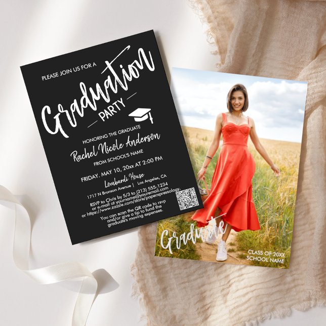 Simple Black Script QR Code Photo Graduation Party Invitation (Creator Uploaded)