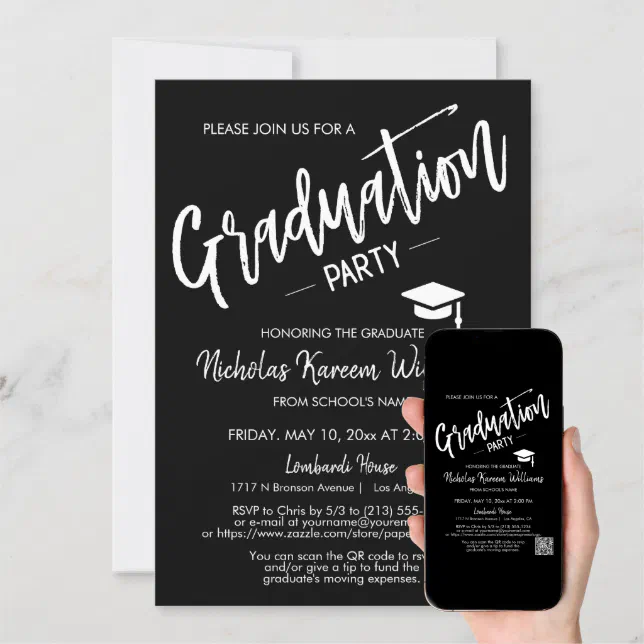 Simple Black Script QR Code Photo Graduation Party Invitation | Zazzle