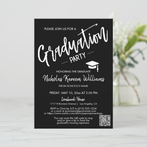 Simple Black Script QR Code Photo Graduation Party Invitation | Zazzle