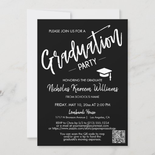 Simple Black Script QR Code Photo Graduation Party Invitation | Zazzle