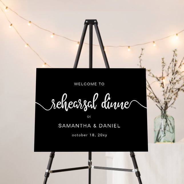 Simple Black Script Rehearsal Dinner Welcome Sign (In Situ (Stand))