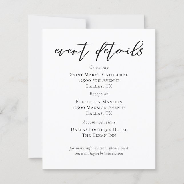 Simple Black Script Wedding Event Details Sheet (Front)
