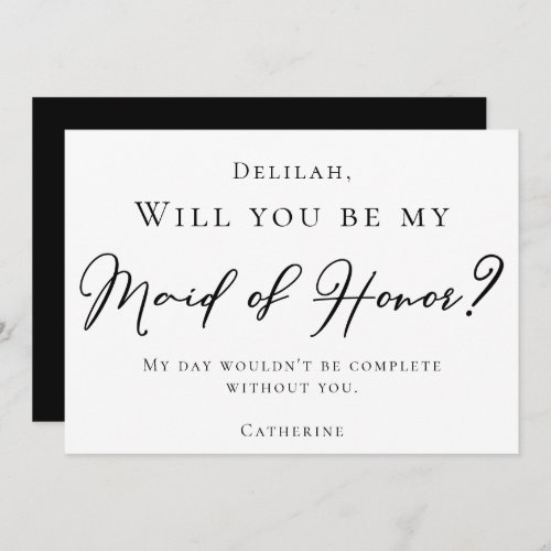Simple Black Script Will You Be My Maid of Honor Invitation