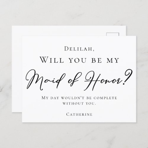 Simple Black Script Will You Be My Maid of Honor Postcard