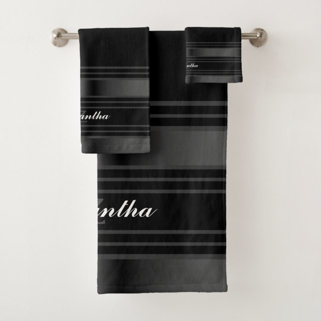Simple Black, Silver And Gray Lines Bath Towel Set (Insitu)