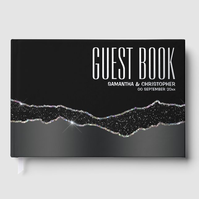 Simple black silver glitter strip luxurious foil guest book  (Front)