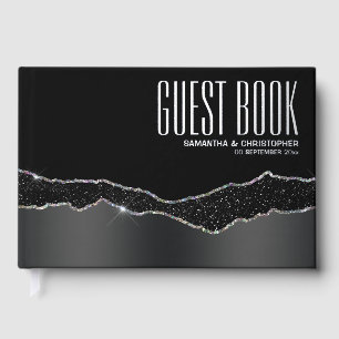 Simple black silver glitter strip luxurious foil guest book 