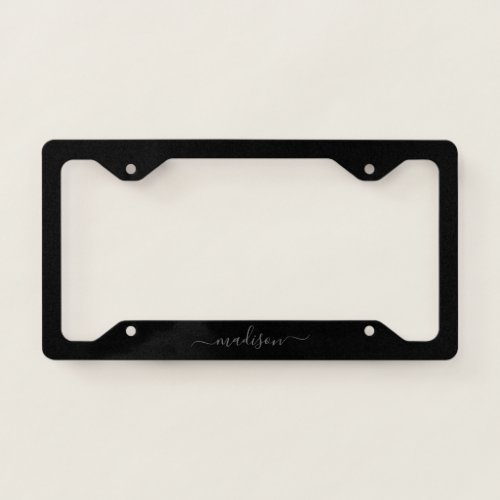 Simple Black Silver Gray Feminine Script Name License Plate Frame