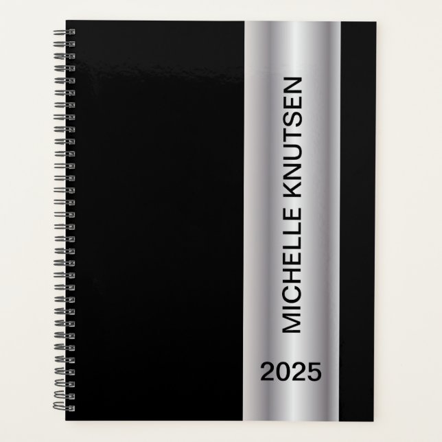 Simple Black Silver Personalized Planner 2025    (Front)