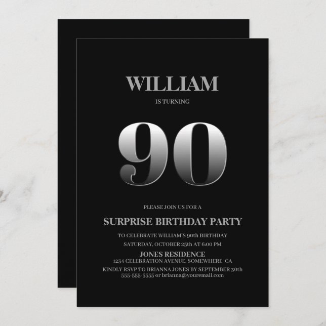 Simple Black Silver Surprise 90th Birthday Invitation (Front/Back)