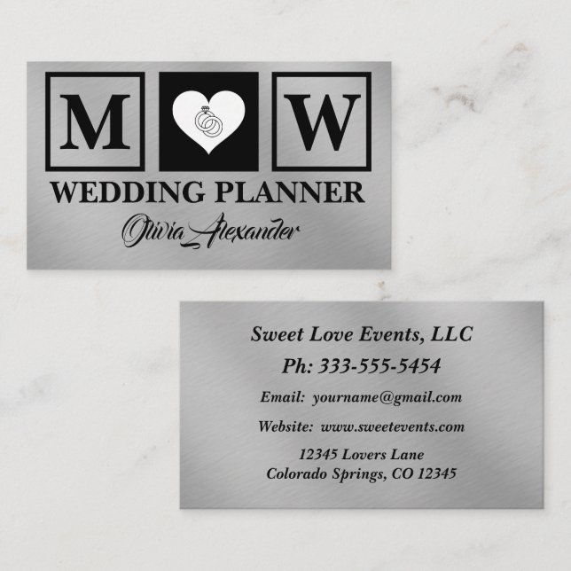 Simple Black Silver Wedding Planner Business Card (Front/Back)