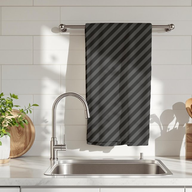 Simple Black & Smoky Black Narrow Diagonal Stripes Kitchen Towel (Creator Uploaded)