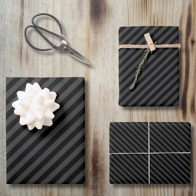 Simple Black & Smoky Black Narrow Diagonal Stripes Wrapping Paper Sheets (Creator Uploaded)