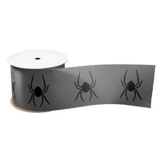 Simple Black Spider Silhouettes On Gray Halloween Satin Ribbon