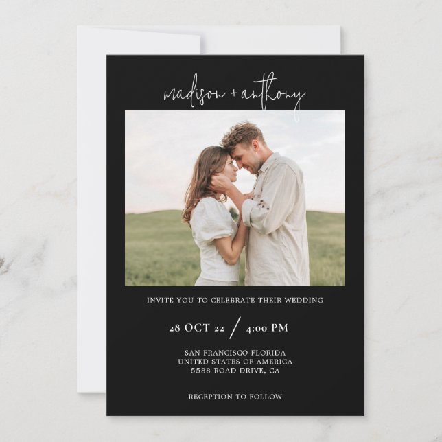 Simple Black Stylish Script with Photo Wedding  Invitation (Front)