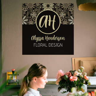 Simple Black & Tan Floral Design Business Logo Wall Decal