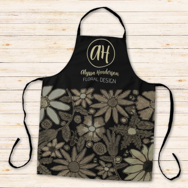 Simple Black & Tan Logo Floral Design Florist Apron (Creator Uploaded)