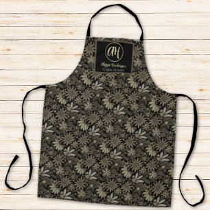 Simple Black & Tan Logo Floral Pattern Florist Apron