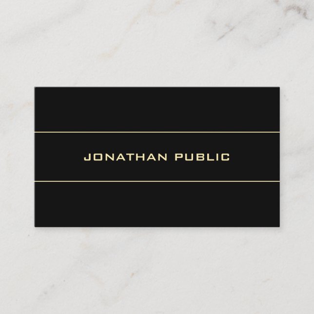 Simple Black Template Gold Text Trendy Modern Business Card (Front)