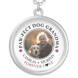 Simple Black Text Funny Dog Grandma Photo Silver Plated Necklace