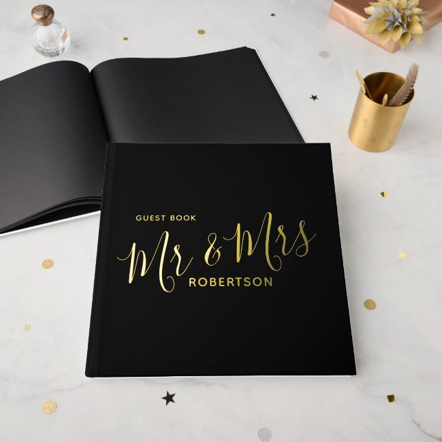 Simple black text little heart custom wedding  foil guest book  (Front Open)