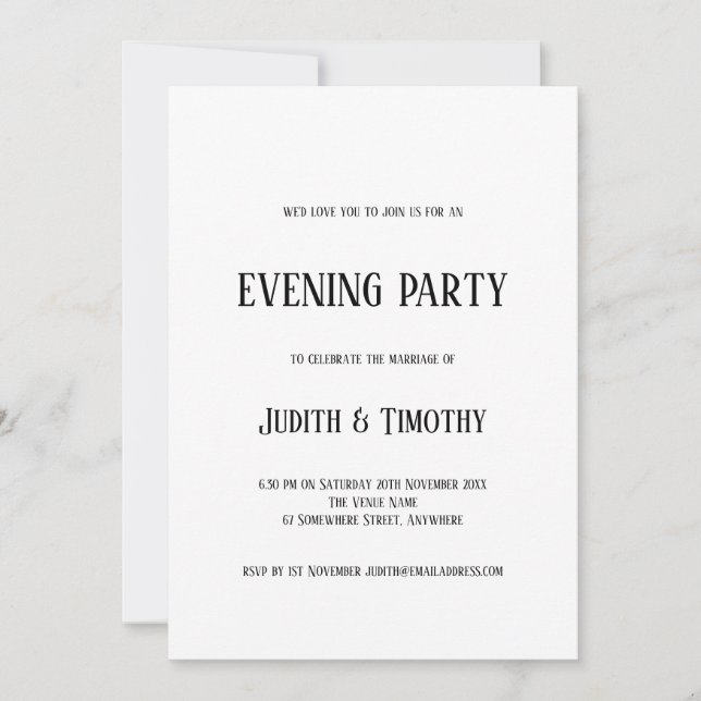 Simple Black Text White Any Color Evening Party Invitation (Front)