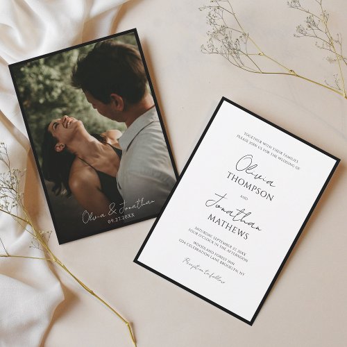 Simple Black Tie White Script Photo Wedding Invitation