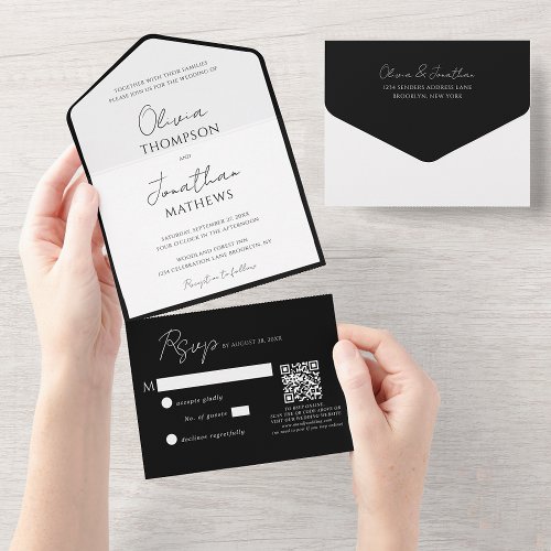 Simple Black Tie White Script QR Code Wedding All In One Invitation