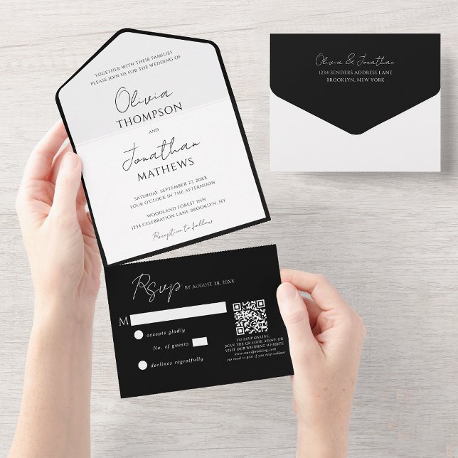 Simple Black Tie White Script QR Code Wedding All In One Invitation (Creator Uploaded)