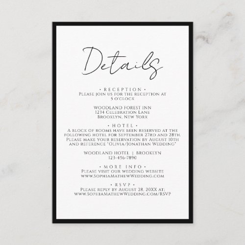 Simple Black Tie White Script Wedding Details Enclosure Card