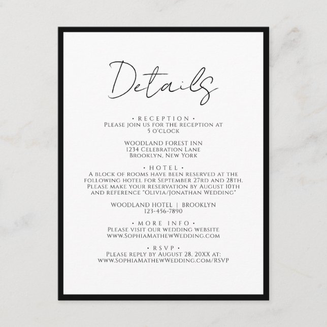 Simple Black Tie White Script Wedding Details Enclosure Card (Front)