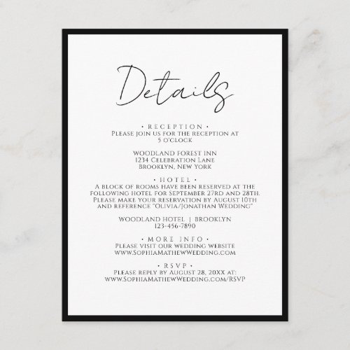 Simple Black Tie White Script Wedding Details Enclosure Card