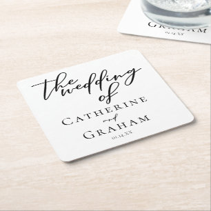 Simple Black Typography Modern Formal Wedding Square Paper Coaster